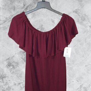 LuLaRoe Cici Mermaid Flounce Dress 2XL Solid Red Burgandy Wine Off Shoulder